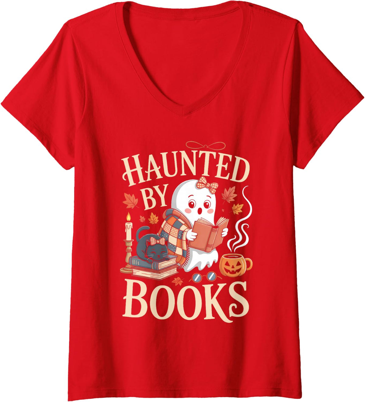 Women's Haunted By Books Vintage Ghost Reading Halloween Book Lover V-Neck T-Shirt - Red