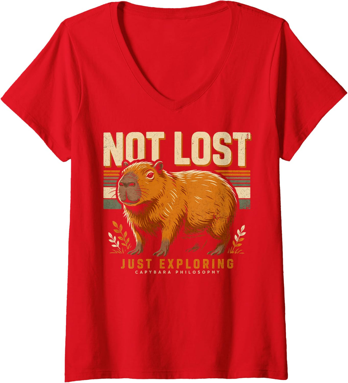 Women's Not Lost Just Exploring Capybara Philosophy V-Neck T-Shirt - Red