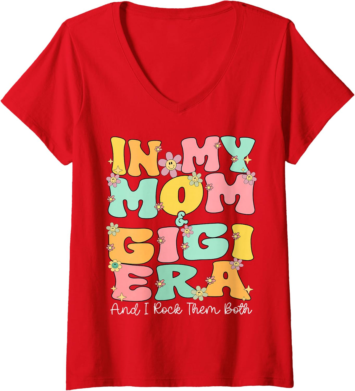 Women's in My Mom and Gigi Era Groovy Mom and Gigi Grandma Christmas V-Neck T-Shirt - Red