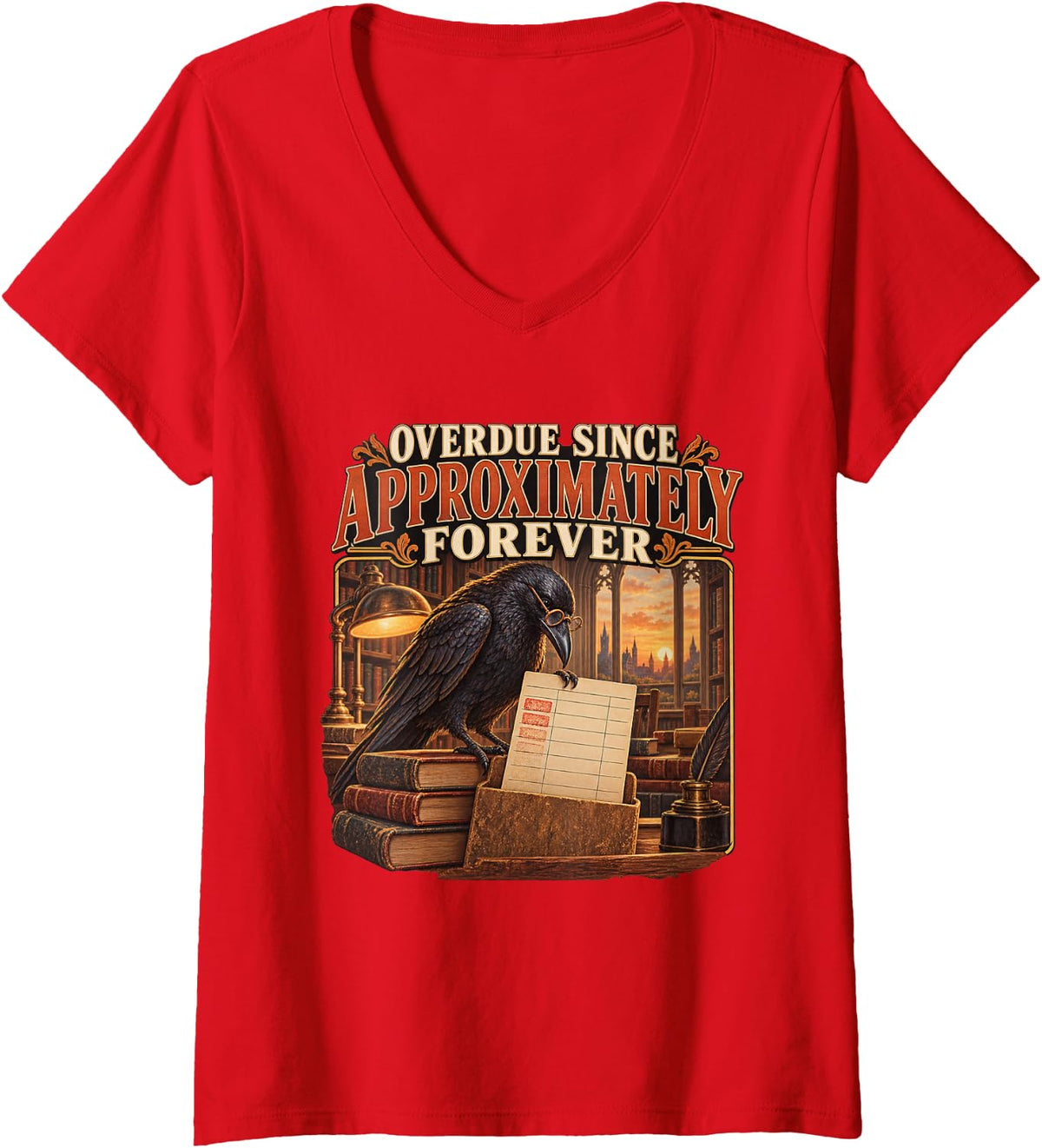Women's Overdue Since Approximately Forever Dark Academia V-Neck T-Shirt - Red
