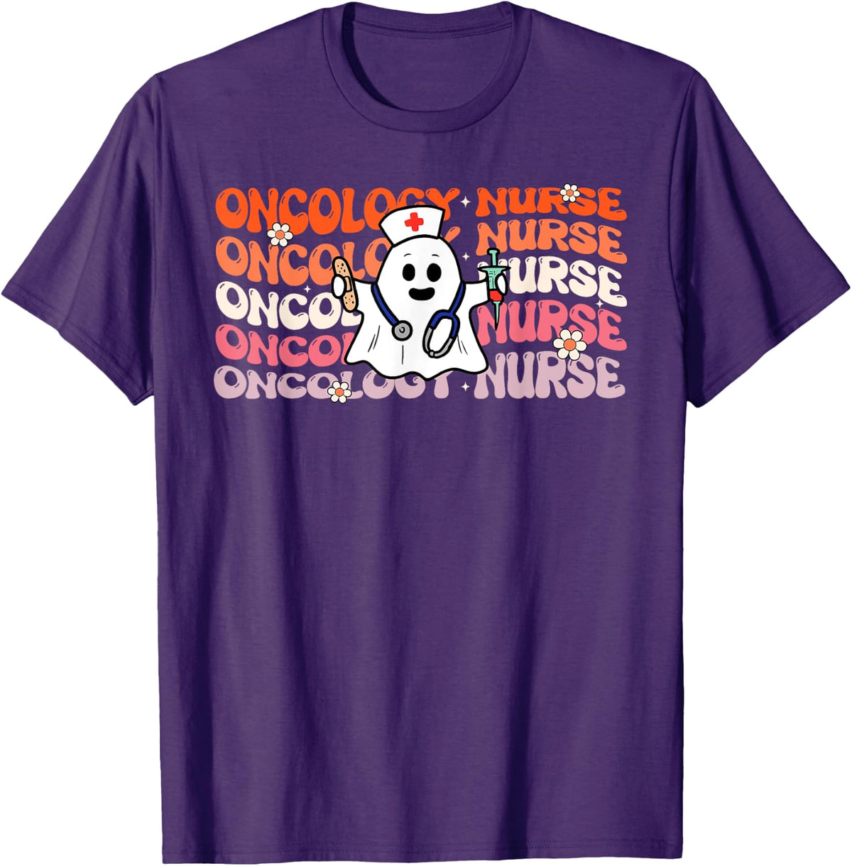Oncology Nurse Groovy Funny Halloween Ghost Nursing Costume T-Shirt - Purple