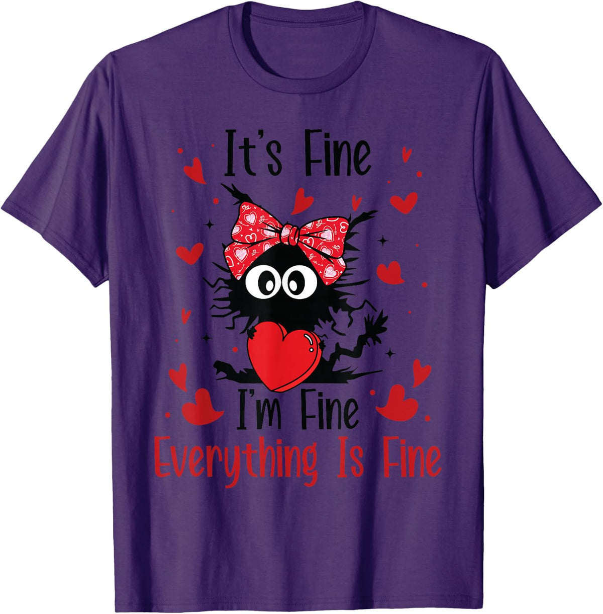 Valentines Day Cat It's Fine I'm Fine Everything Is Fine T-Shirt - Purple