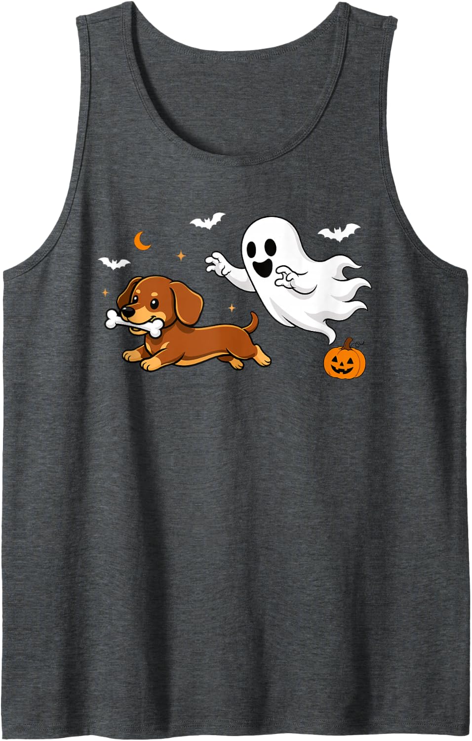 Ghost Chasing Dachshund Halloween Dachshund Lover Sleeveless Tank Top - Dark Heather Grey