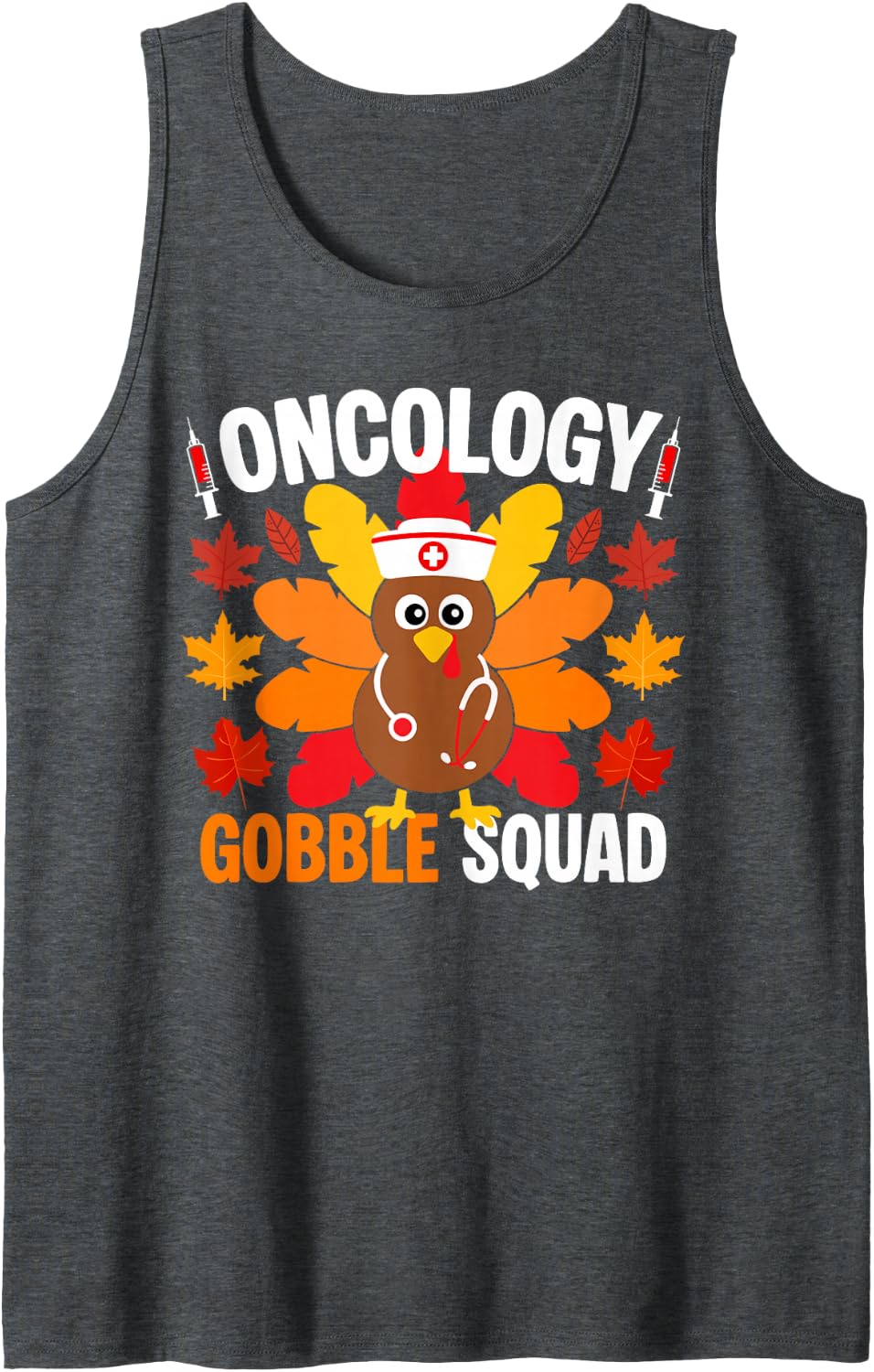 Oncology Gobble Squad Nurse Fall Turkey Thanksgiving Sleeveless Tank Top - Dark Heather Grey