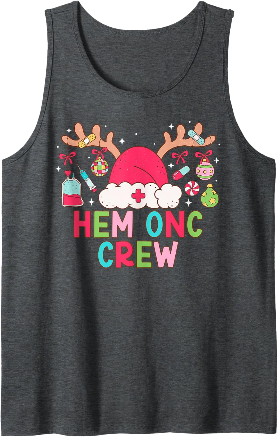 Christmas Reindeer Santa Hem Onc Crew Hematology Oncology Sleeveless Tank Top - Dark Heather Grey