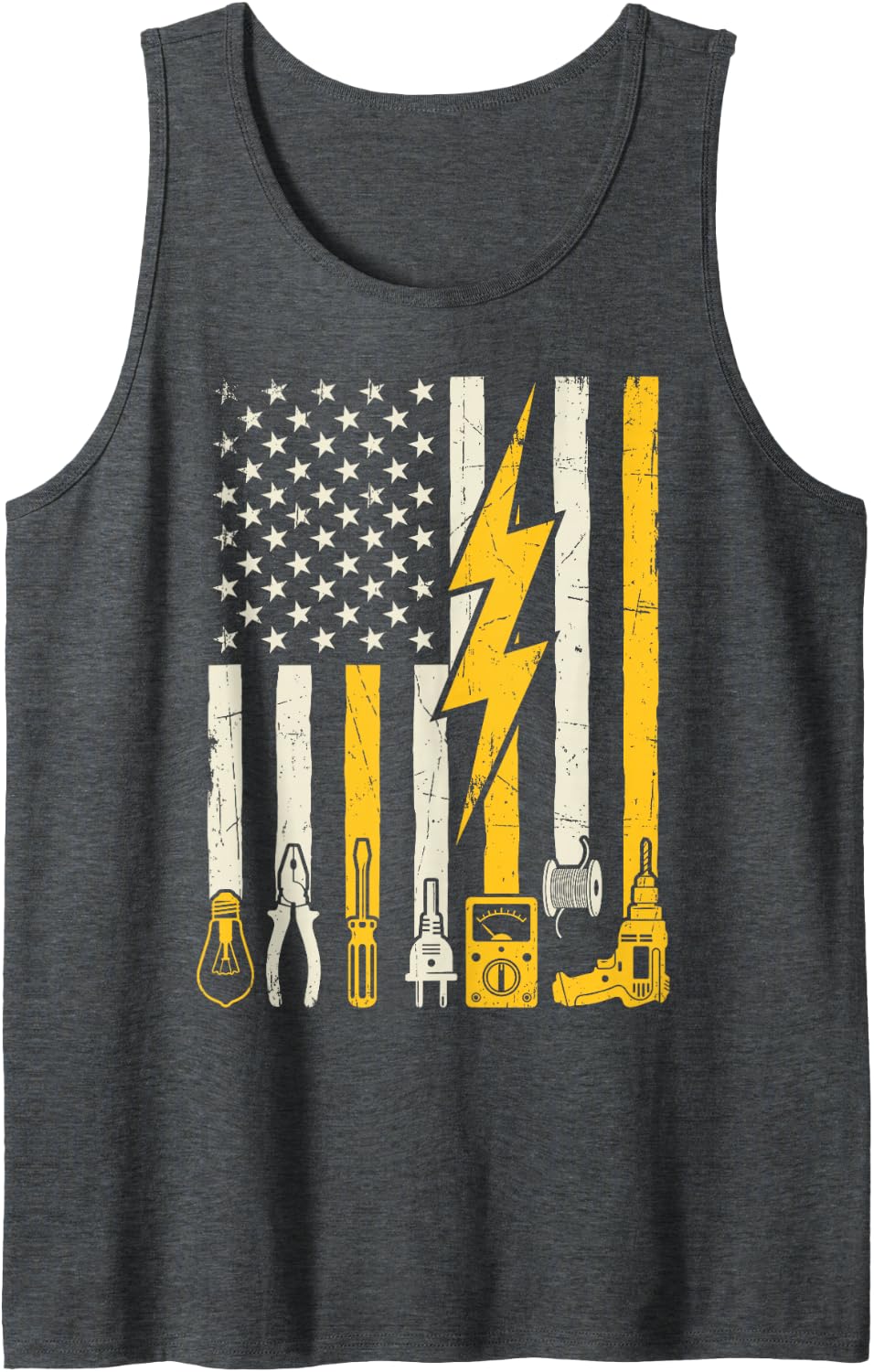 Electrician American US Flag Electrical Tools Lightning Tee Sleeveless Tank Top - Dark Heather Grey