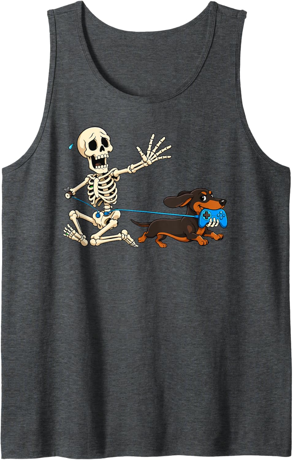 Dachshund Steals Controller Funny Skeleton Gamer Wiener Dog Sleeveless Tank Top - Dark Heather Grey
