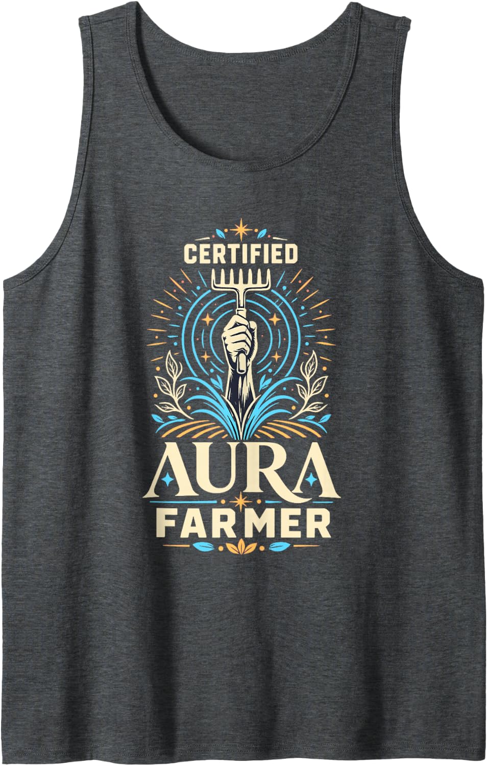 Certified Aura Farmer Gardening Hand Holding Garden Fork Sleeveless Tank Top - Dark Heather Grey