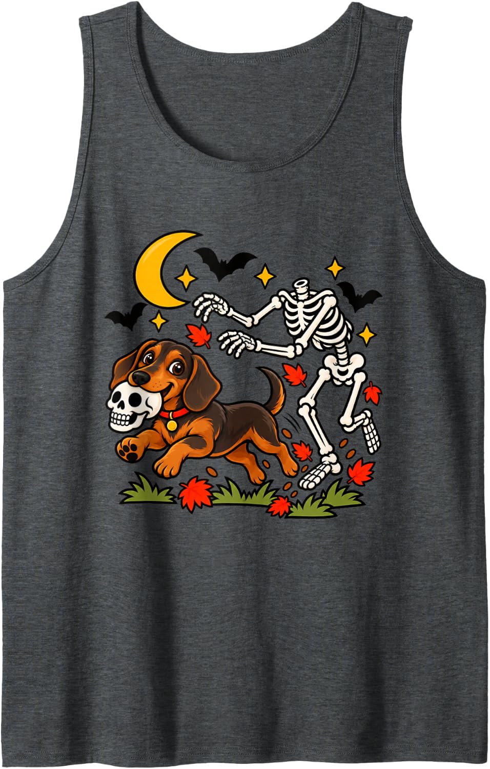 Funny Dachshund Dog Stealing Skull from Skeleton Halloween Sleeveless Tank Top - Dark Heather Grey