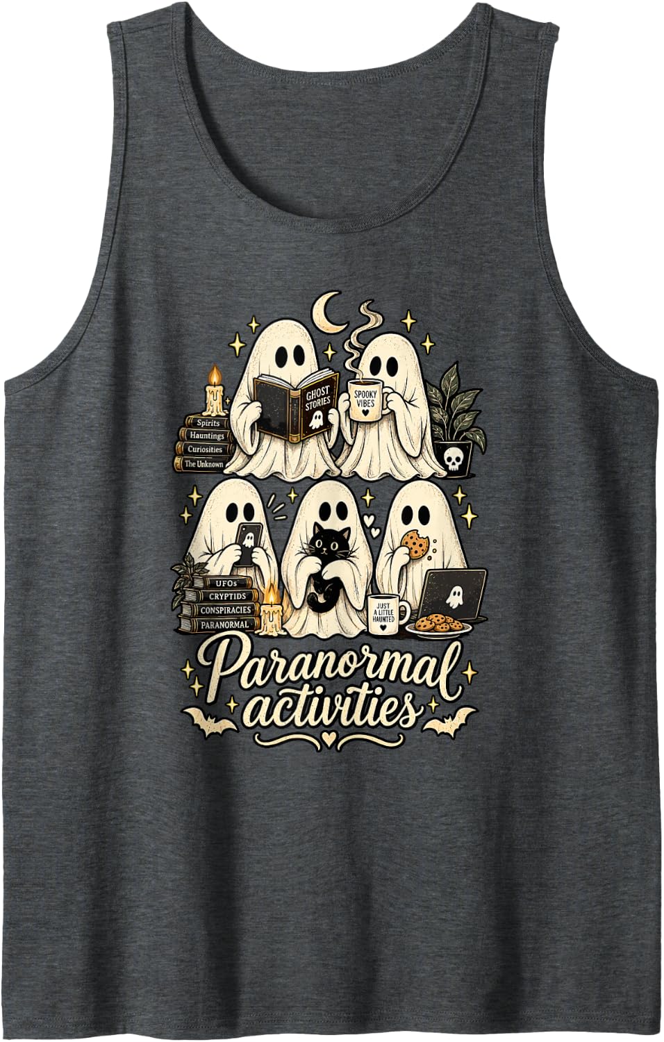 Paranormal Activities Cute Ghosts Spooky Humor Sleeveless Tank Top - Dark Heather Grey