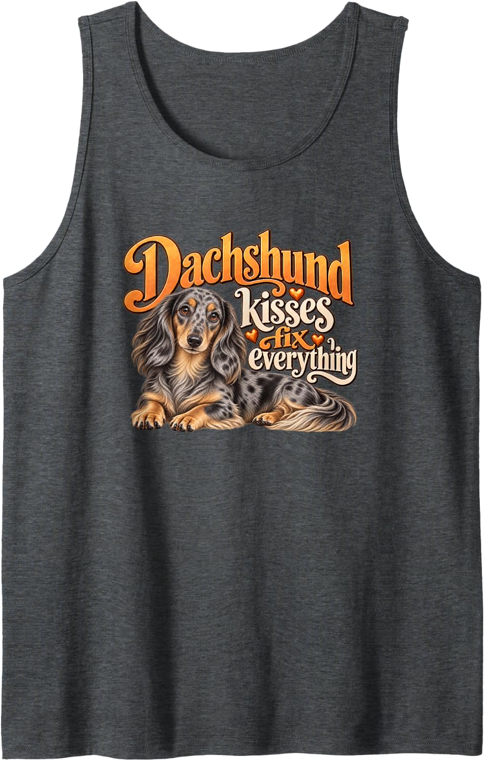 Womens Moms Merle Dapple Long Haired Dachshund Kisses Fix Sleeveless Tank Top - Dark Heather Grey