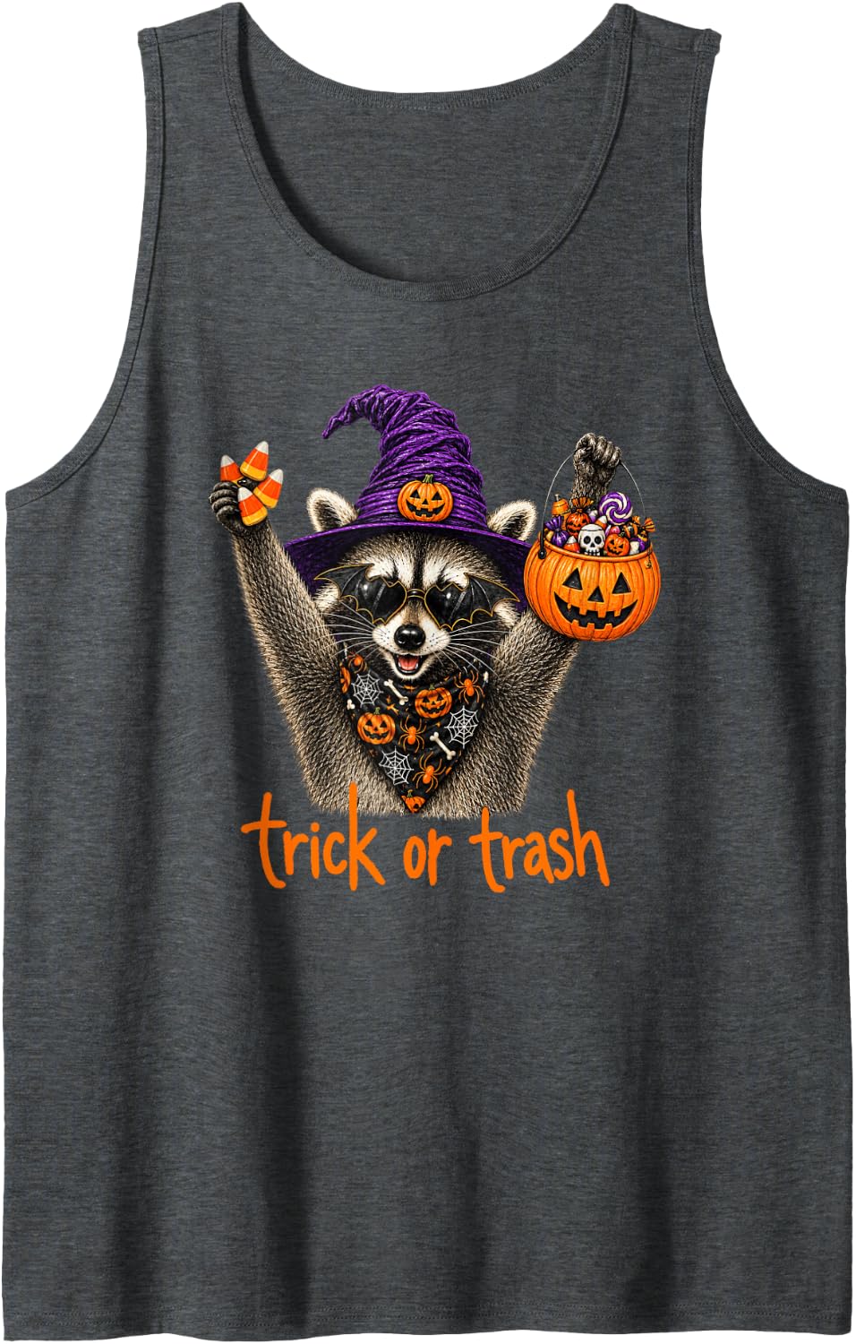 Raccoon Halloween Trick Or Trash Panda Pumpkin Spooky Sleeveless Tank Top - Dark Heather Grey