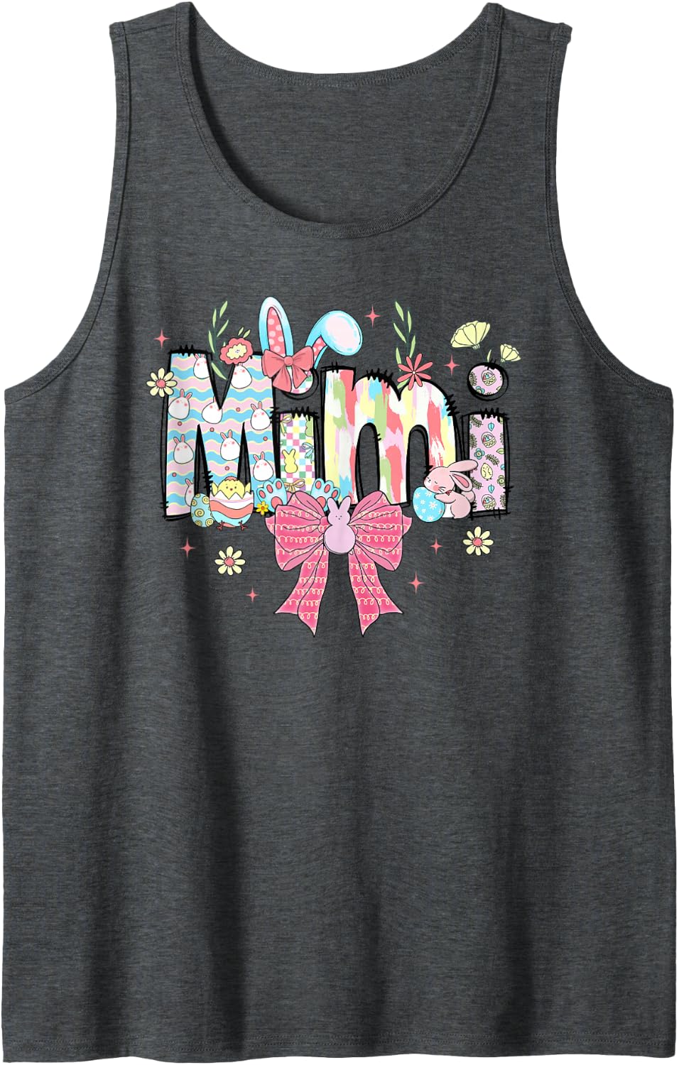 Mimi Easter Coquette Bow Happy Easter Bunny Rabbit Sleeveless Tank Top - Dark Heather Grey