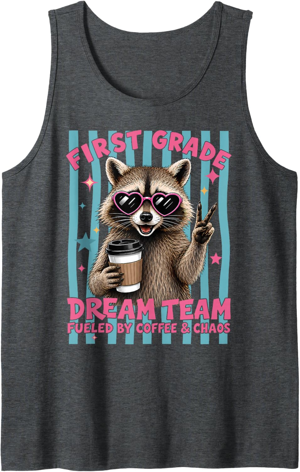 First 1st Grade Dream Team Raccoon Teacher Back to School Tank Top - Dark Heather Grey