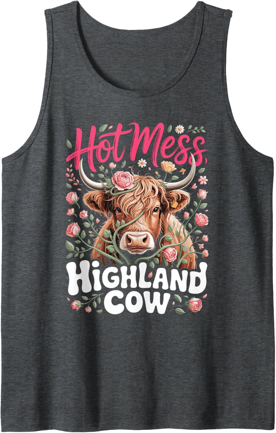 Hot Mess Highland Cow Tank Top - Dark Heather Grey