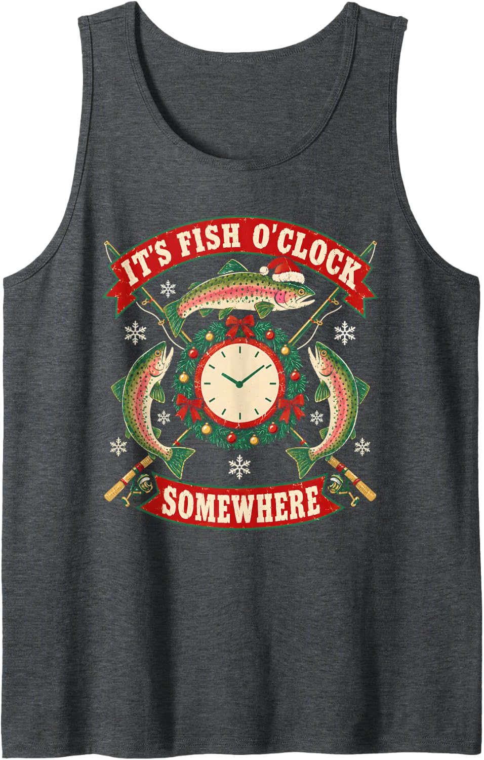 It's Fish O Clock Somewhere Christmas Trout Fishing Sleeveless Tank Top - Dark Heather Grey