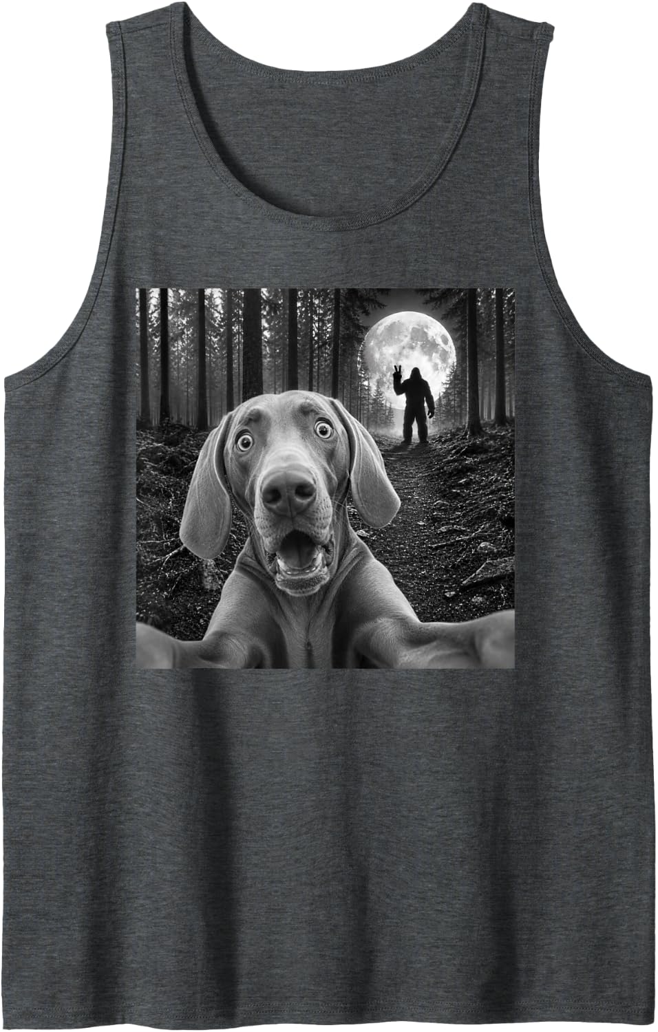 Weimaraner Selfie with Bigfoot Peace Sign Dog Sasquatch Sleeveless Tank Top - Dark Heather Grey