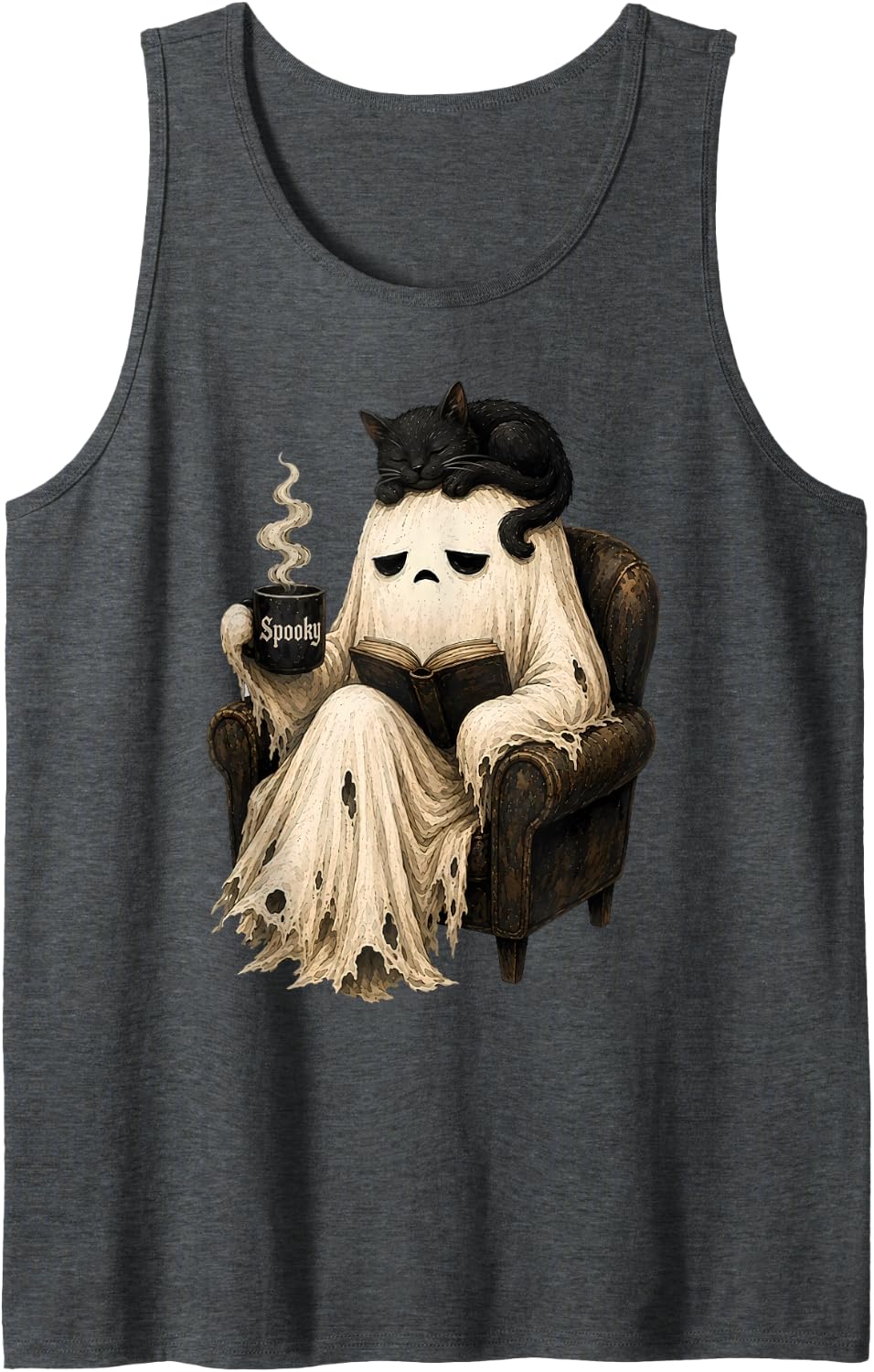 Cute Ghost Reading Book Black Cat Coffee Spooky Season Sleeveless Tank Top - Dark Heather Grey