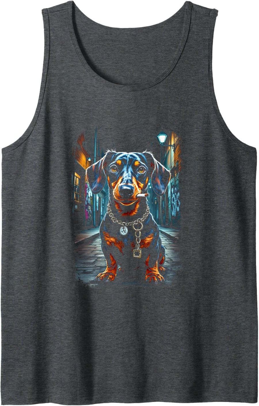Cool Dachshund with Chain and Cigarette Sleeveless Tank Top - Dark Heather Grey
