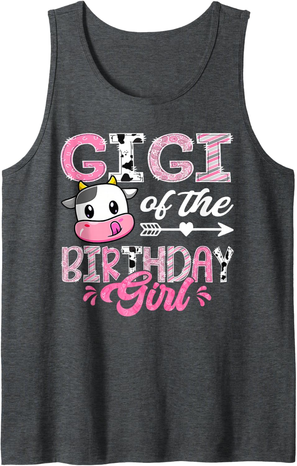 Gigi of The Birthday Girl Pink Farm Cow 1st Birthday Sleeveless Tank Top - Dark Heather Grey