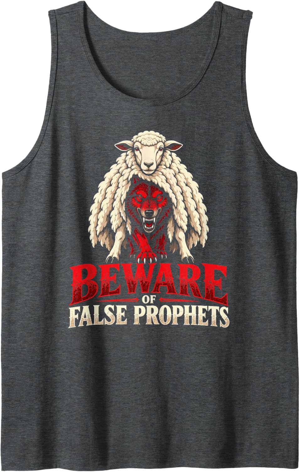 Beware of False Prophets Biblical Wolf Sheep Verse Sleeveless Tank Top - Dark Heather Grey