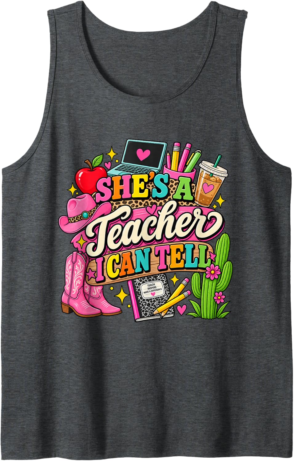 Shes A Teacher I Can Tell Western Classroom Art Sleeveless Tank Top - Dark Heather Grey
