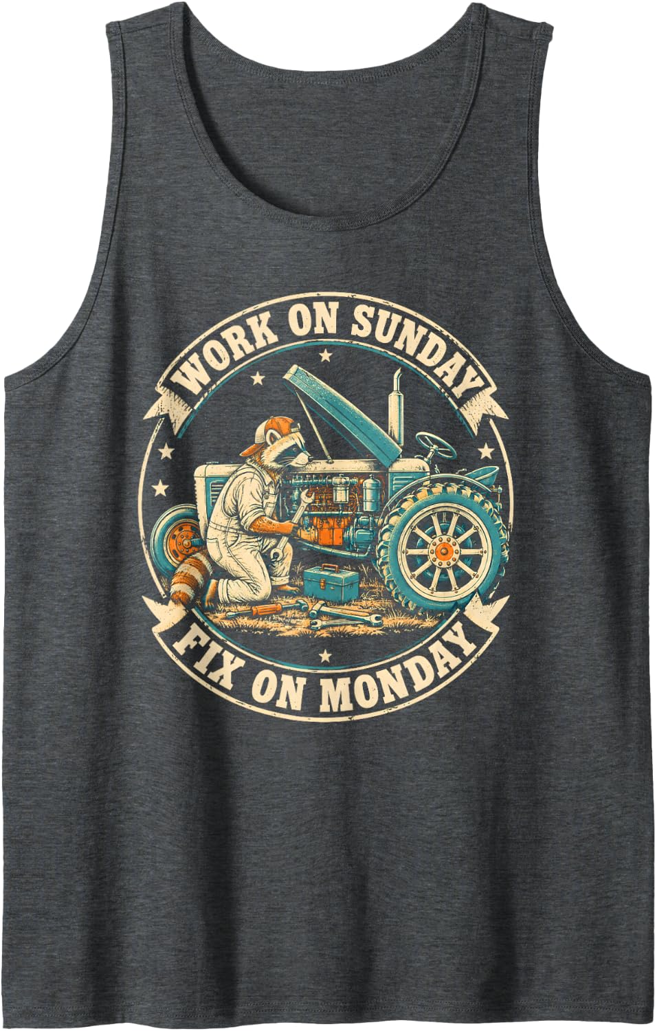 Work on Sunday Fix on Monday Funny Farmer Farming Sleeveless Tank Top - Dark Heather Grey