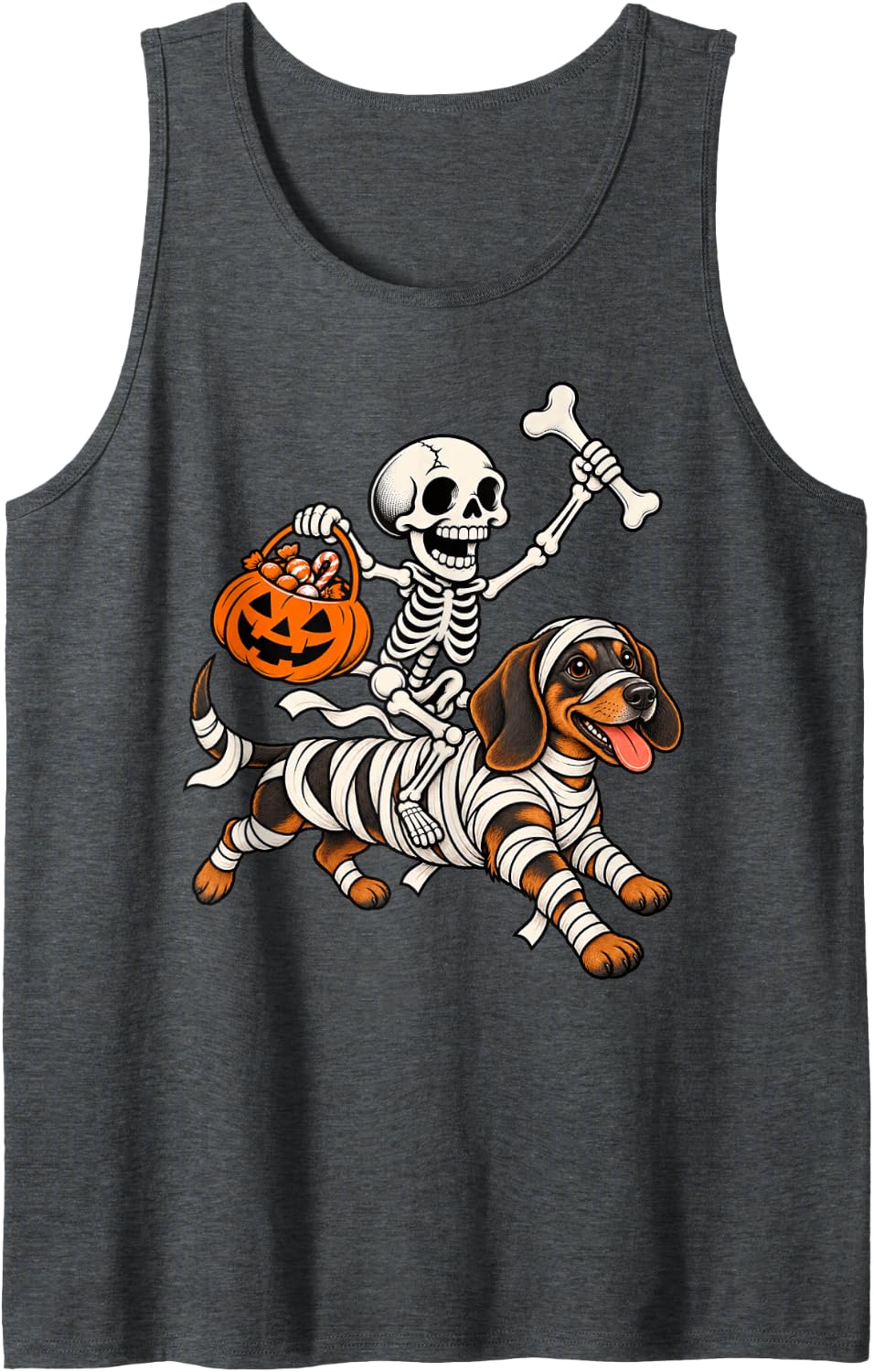 Skeleton Riding Mummy Dachshund Dog Lovers Halloween Costume Sleeveless Tank Top - Dark Heather Grey