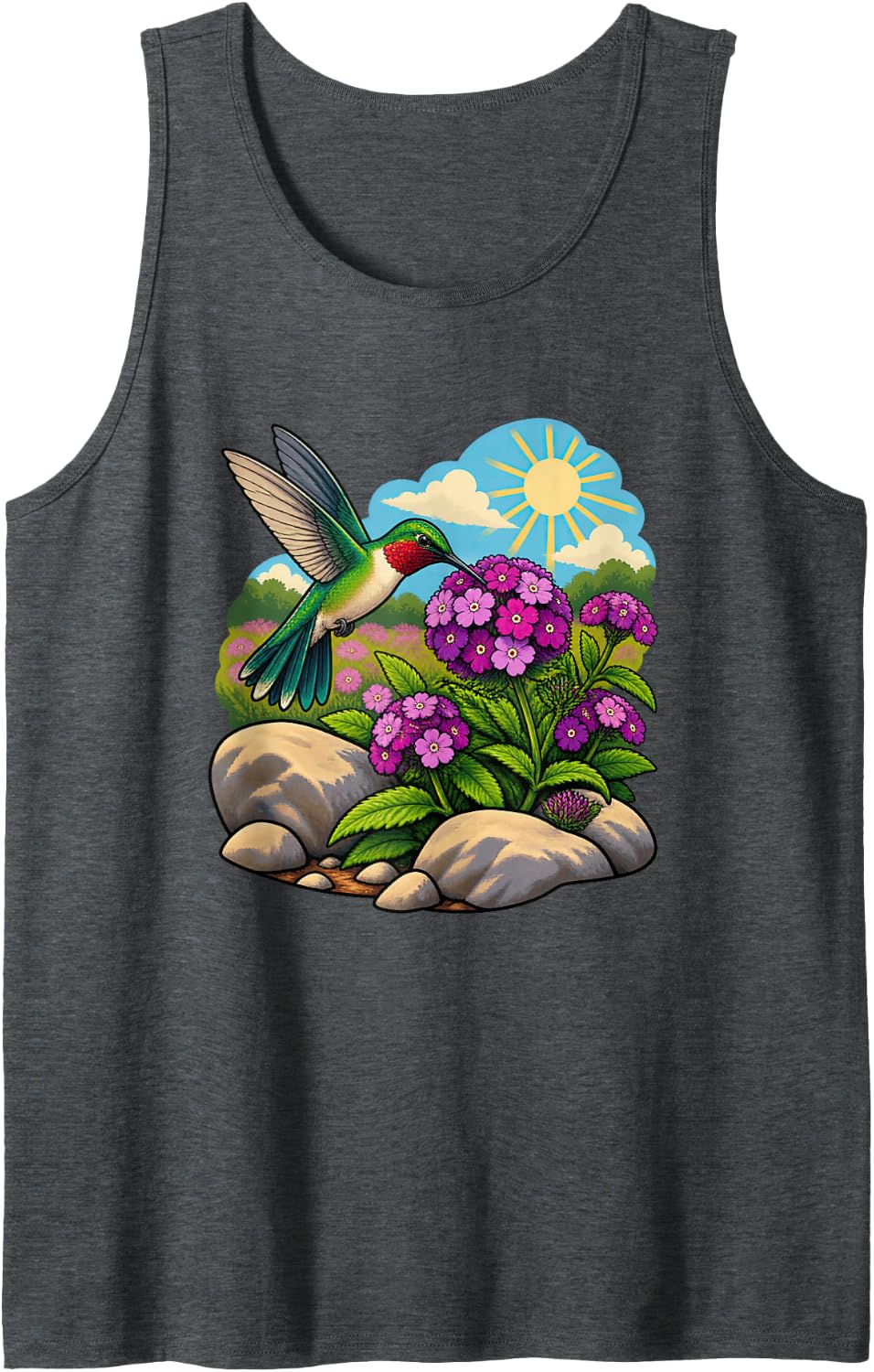Hummingbird Finding Verbena Between Garden Stones Sleeveless Tank Top - Dark Heather Grey
