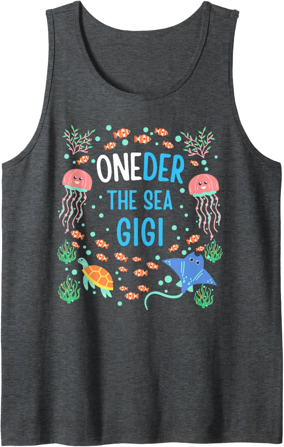 OneDer the Sea Mama 1st Birthday Gigi Matching Sleeveless Tank Top - Dark Heather Grey