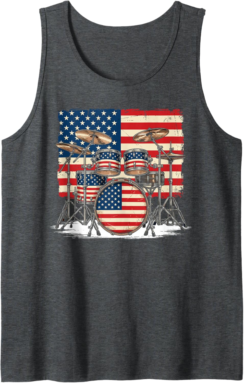 US Flag Play Drums Set Drummer Musician Rock Music Band Tank Top - Dark Heather Grey