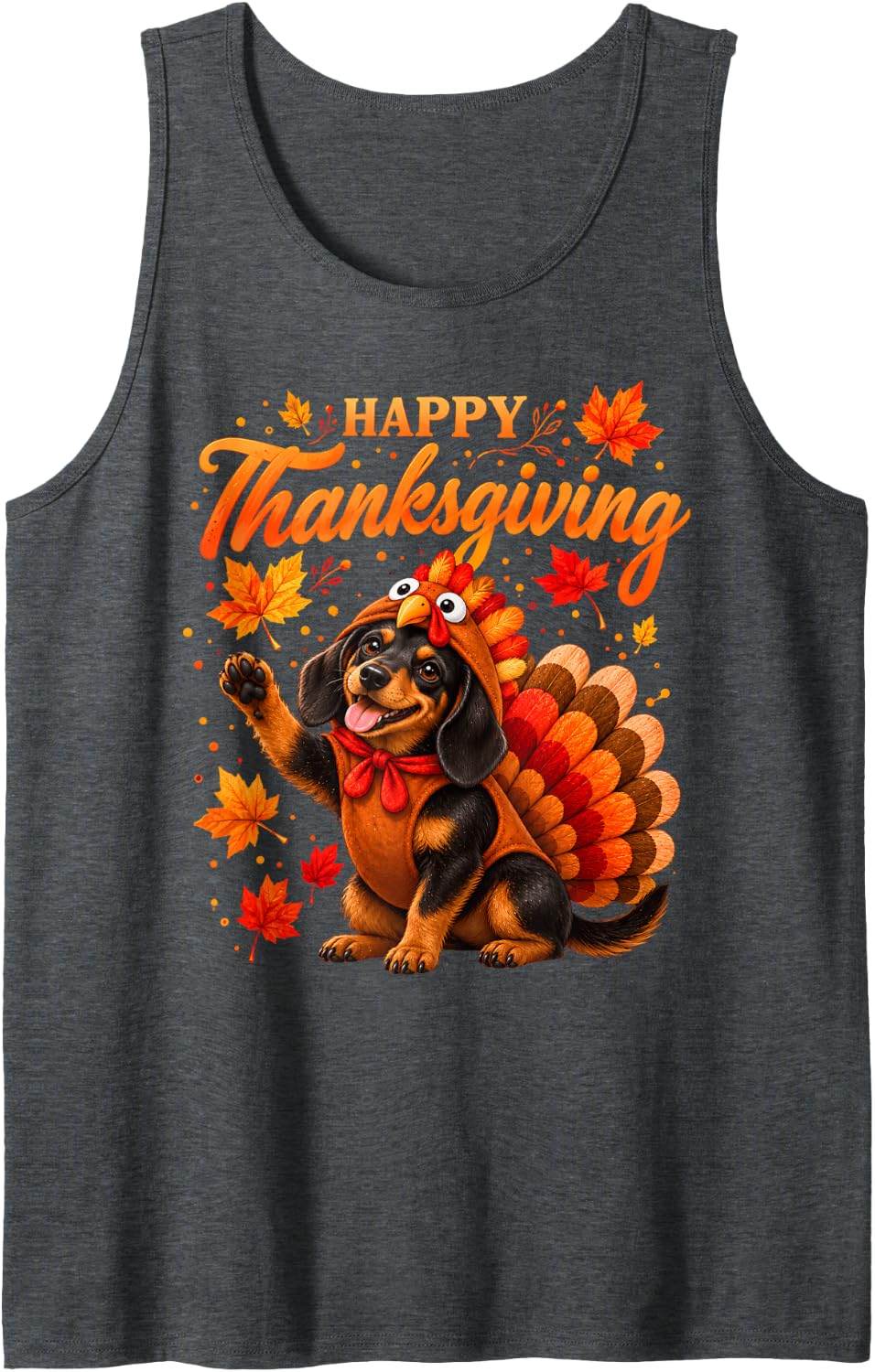 Funny Happy Thanksgiving Dachshund Fall Autumn Pumpkin Sleeveless Tank Top - Dark Heather Grey