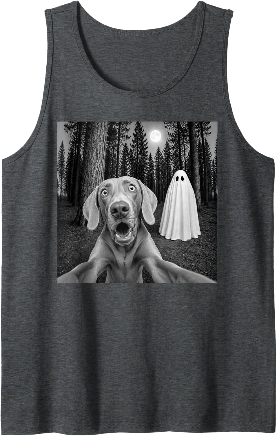 Spooky Weimaraner Selfie with Ghost Halloween Dog Sleeveless Tank Top - Dark Heather Grey