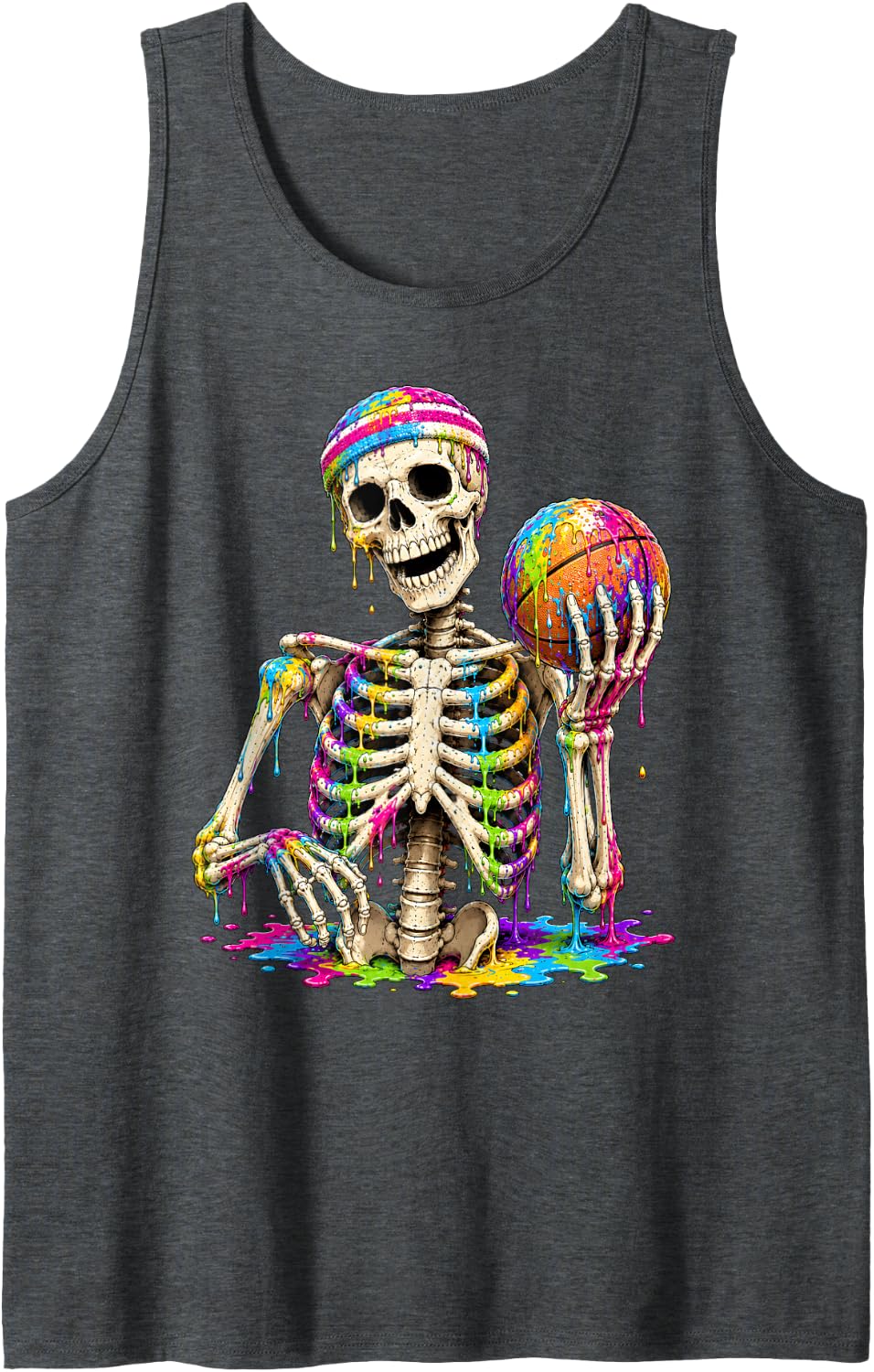 Skeleton Playing Basketball Ice Cream Drip Halloween Boys Sleeveless Tank Top - Dark Heather Grey