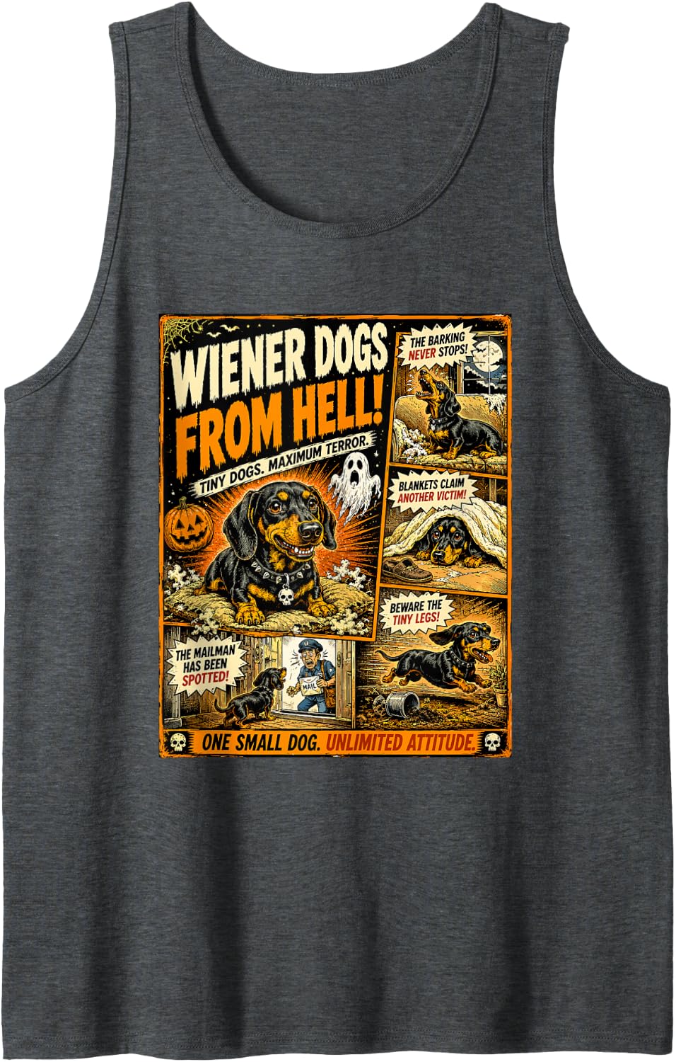 Wiener Dog from Hell Fun Dachshund Halloween Pulp Horror Tank Top - Dark Heather Grey