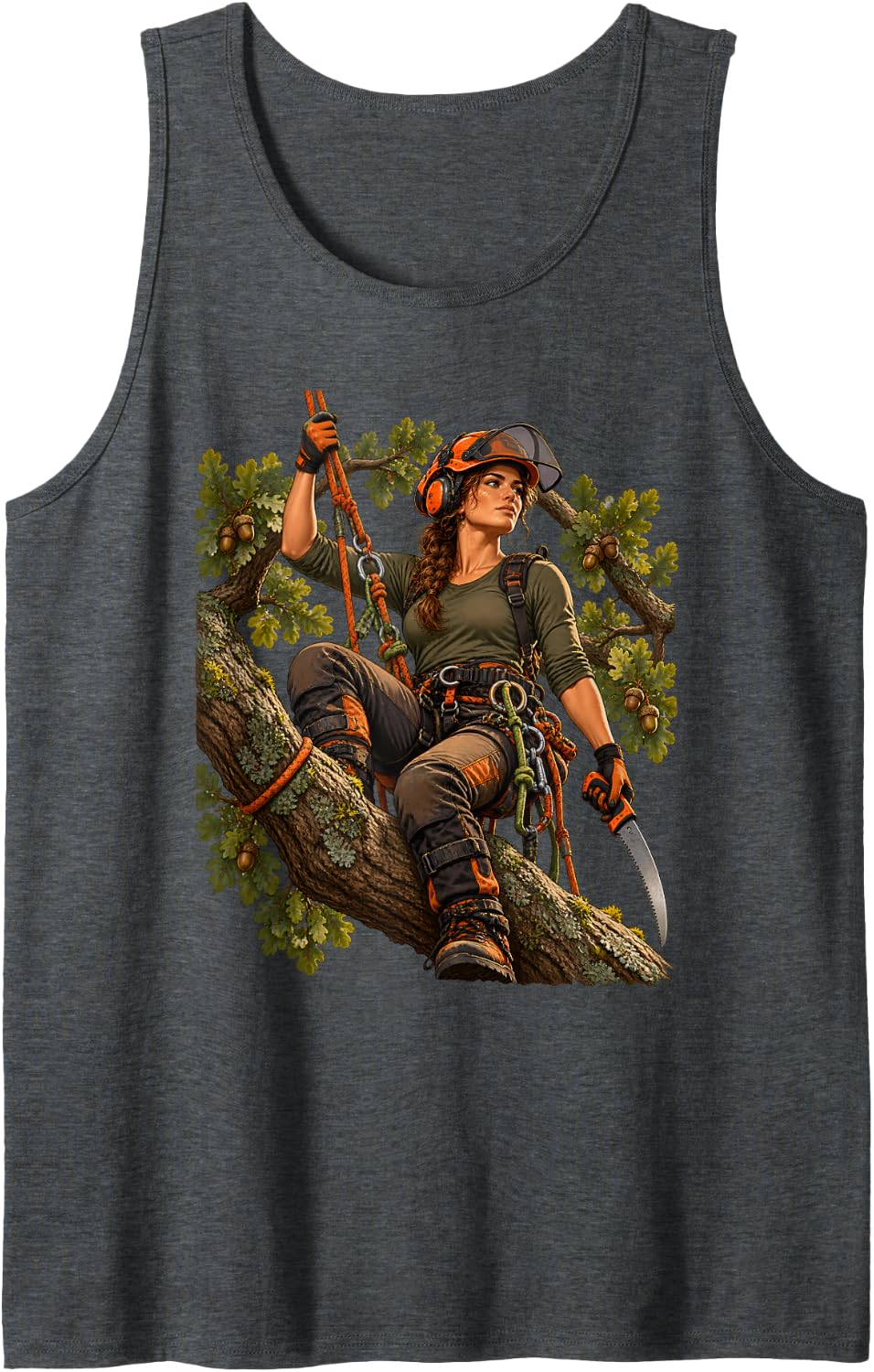 Female Arborist Woman Tree Climber Chainsaw Tree Surgeon Sleeveless Tank Top - Dark Heather Grey