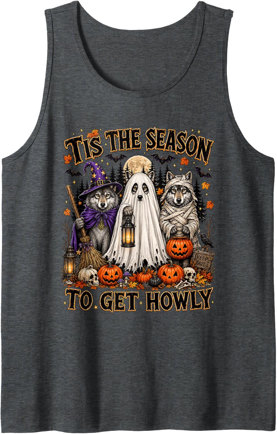 Funny Wolf Halloween Witch Ghost Mummy Pumpkin Wolf Lovers Sleeveless Tank Top - Dark Heather Grey