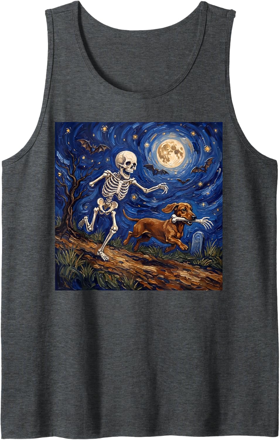 Skeleton Chasing Dachshund Dog Funny Halloween Starry Night Sleeveless Tank Top - Dark Heather Grey