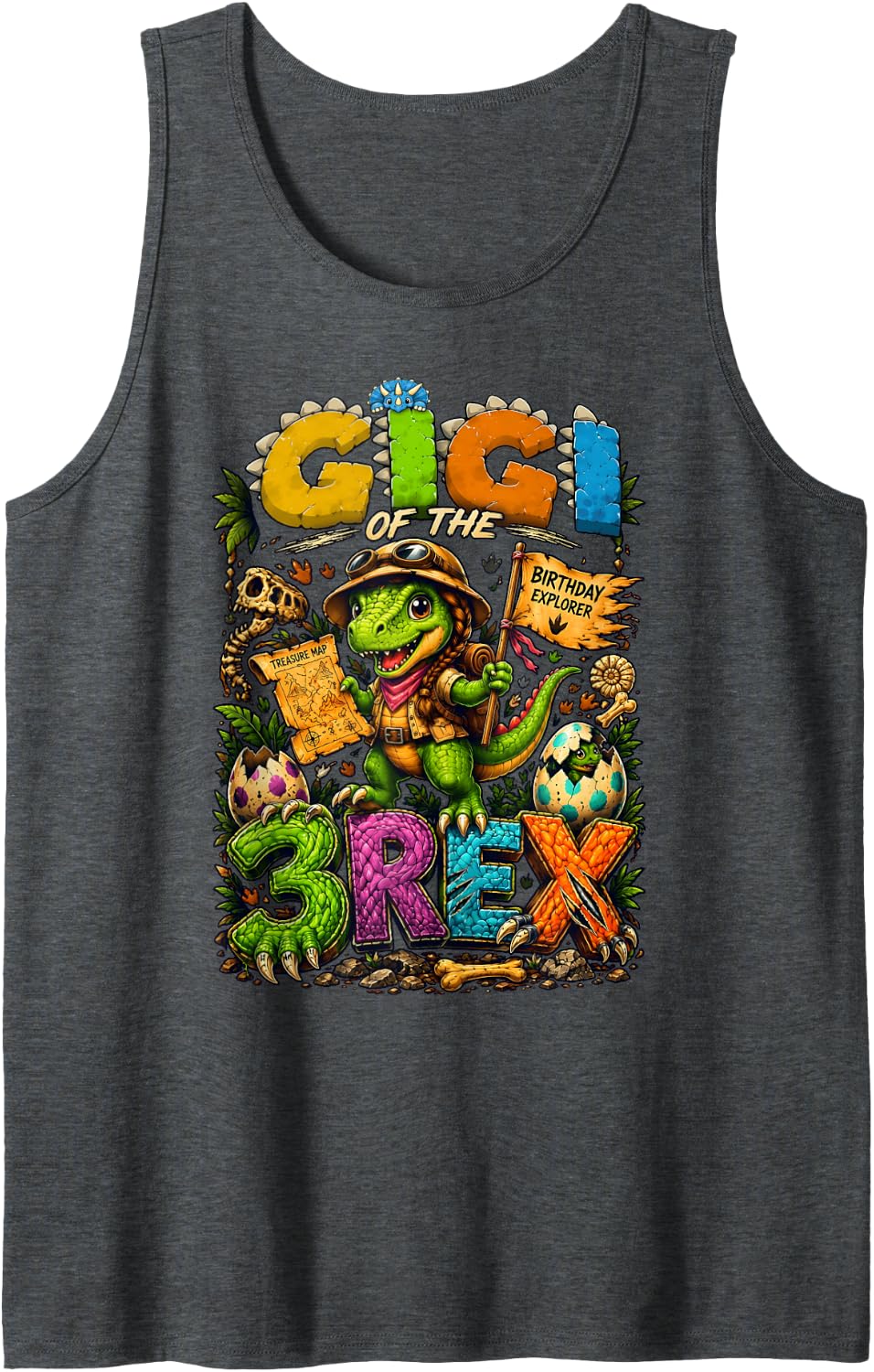 Grandma Gigi of The Three Rex Birthday Dinosaur T-Rex Tank Top - Dark Heather Grey