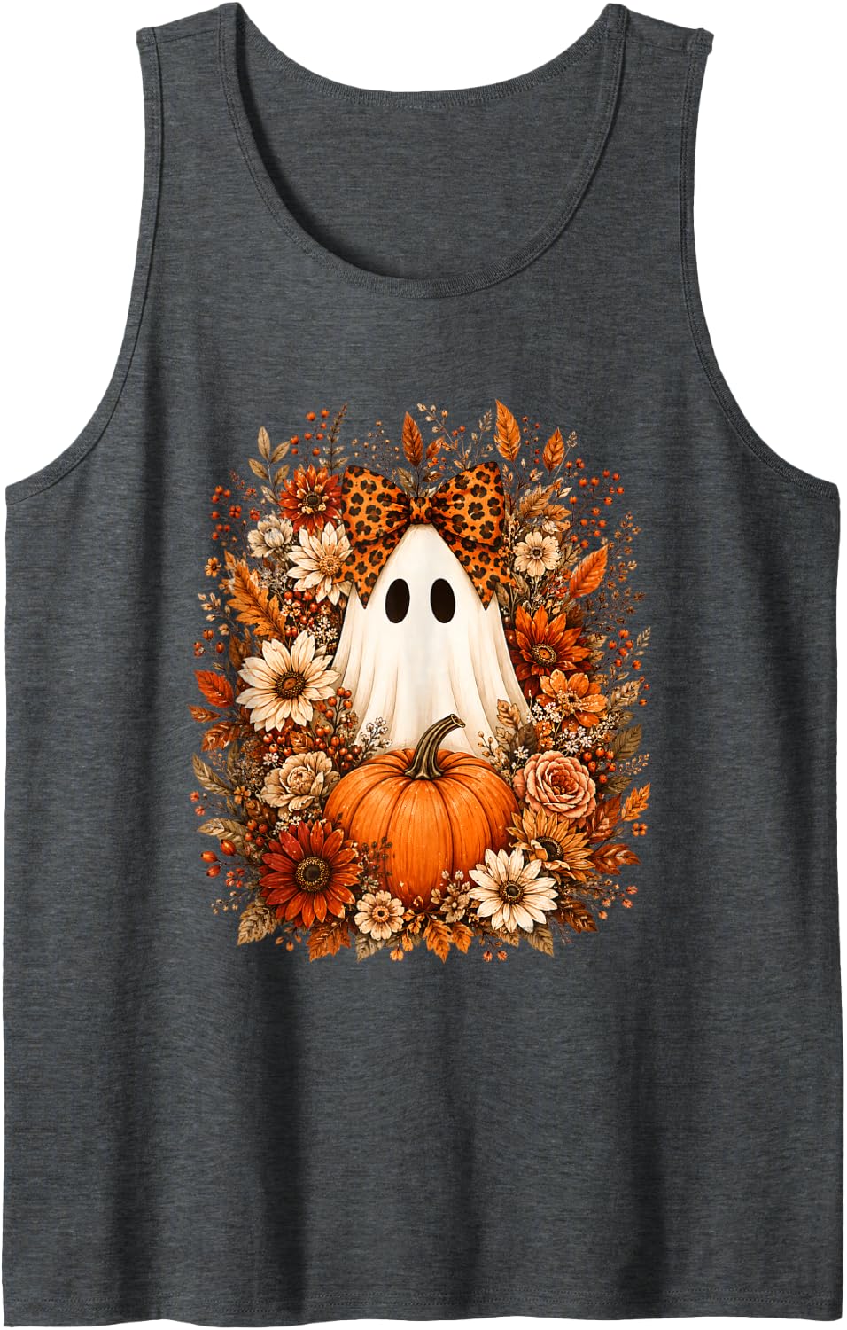 Floral Halloween Ghost Pumpkin Leopard Bow Fall Women Girls Sleeveless Tank Top - Dark Heather Grey