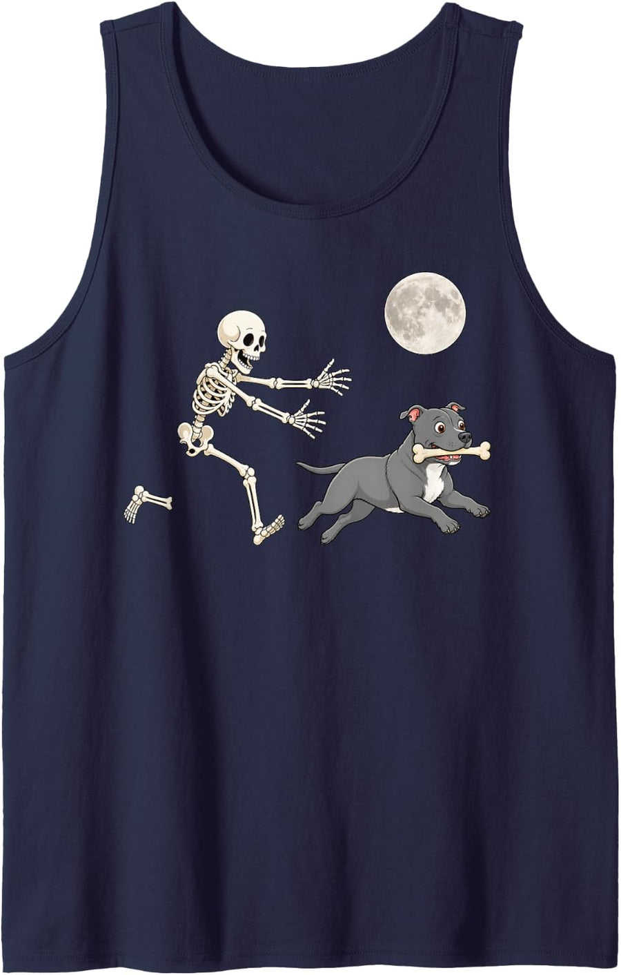Staffordshire Bull Terrier Running Skeleton Halloween Dog Sleeveless Tank Top - Navy Blue