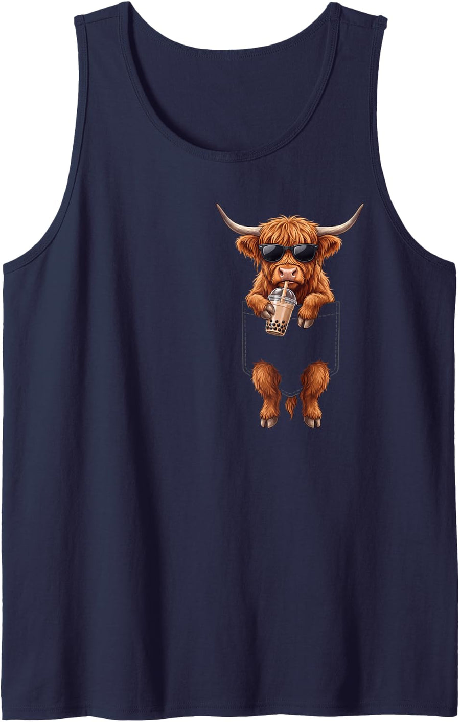 Highland Cow Pocket Drinking Bubble Tea Boba Tea Lover Sleeveless Tank Top - Navy Blue
