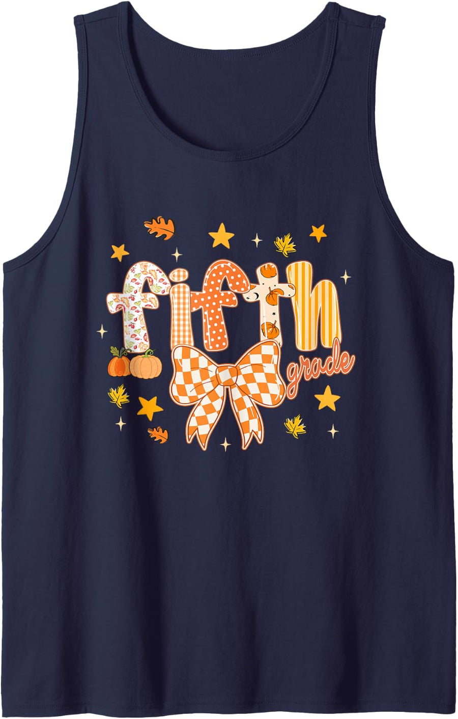 Fifth Grade Squad Bow Pumpkin Fall First Day of School Sleeveless Tank Top - Navy Blue