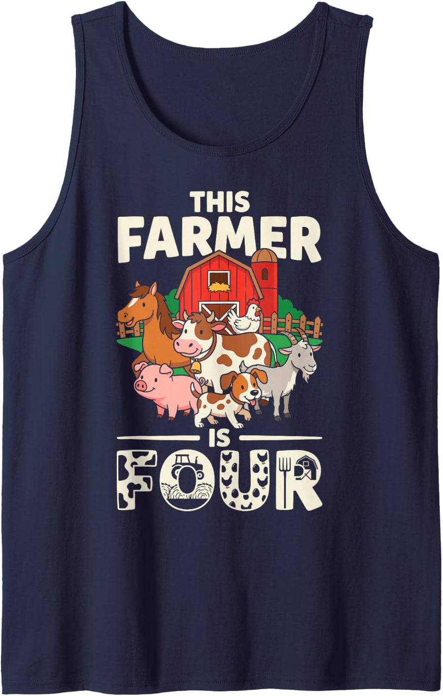 This Farmer is Four 4 Years Bday Party Birthday Farm Animal Sleeveless Tank Top - Navy Blue