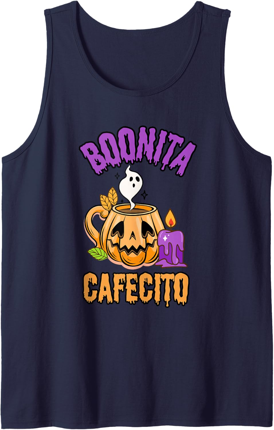 Boonita Cofecito Ghost Coffee Espresso Halloween Pumpkin Sleeveless Tank Top - Navy Blue