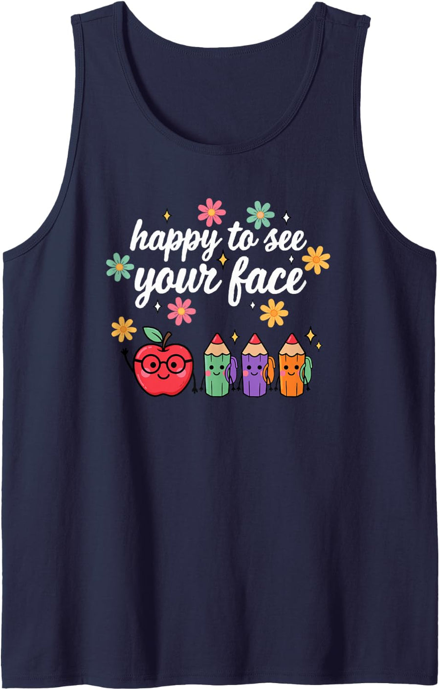 Happy to See Your Face Cute Teacher for Women Kawaii School Sleeveless Tank Top - Navy Blue