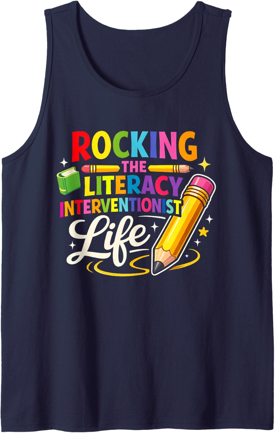 Literacy Interventionist Rocking Reading Pencil Book Sleeveless Tank Top - Navy Blue