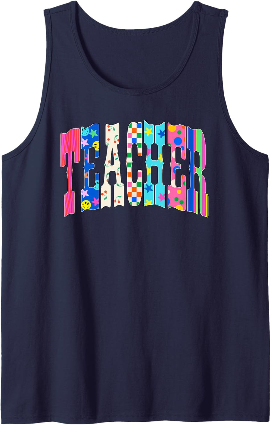 Cherries Checkered Teacher, Last Day of School Teacher Sleeveless Tank Top - Navy Blue
