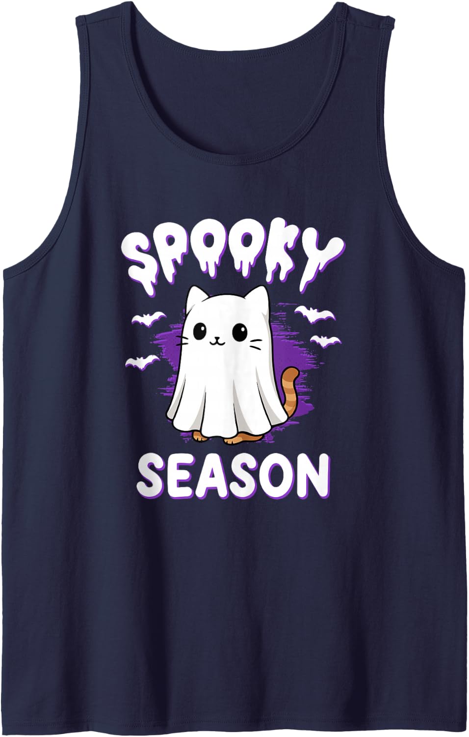 Spooky Season Cute Cat Ghost Halloween Costume Sleeveless Tank Top - Navy Blue