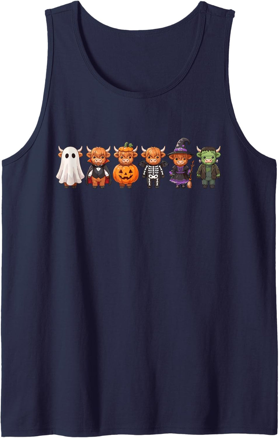 Lineup of Six Adorable Cows with Halloween Costume Sleeveless Tank Top - Navy Blue